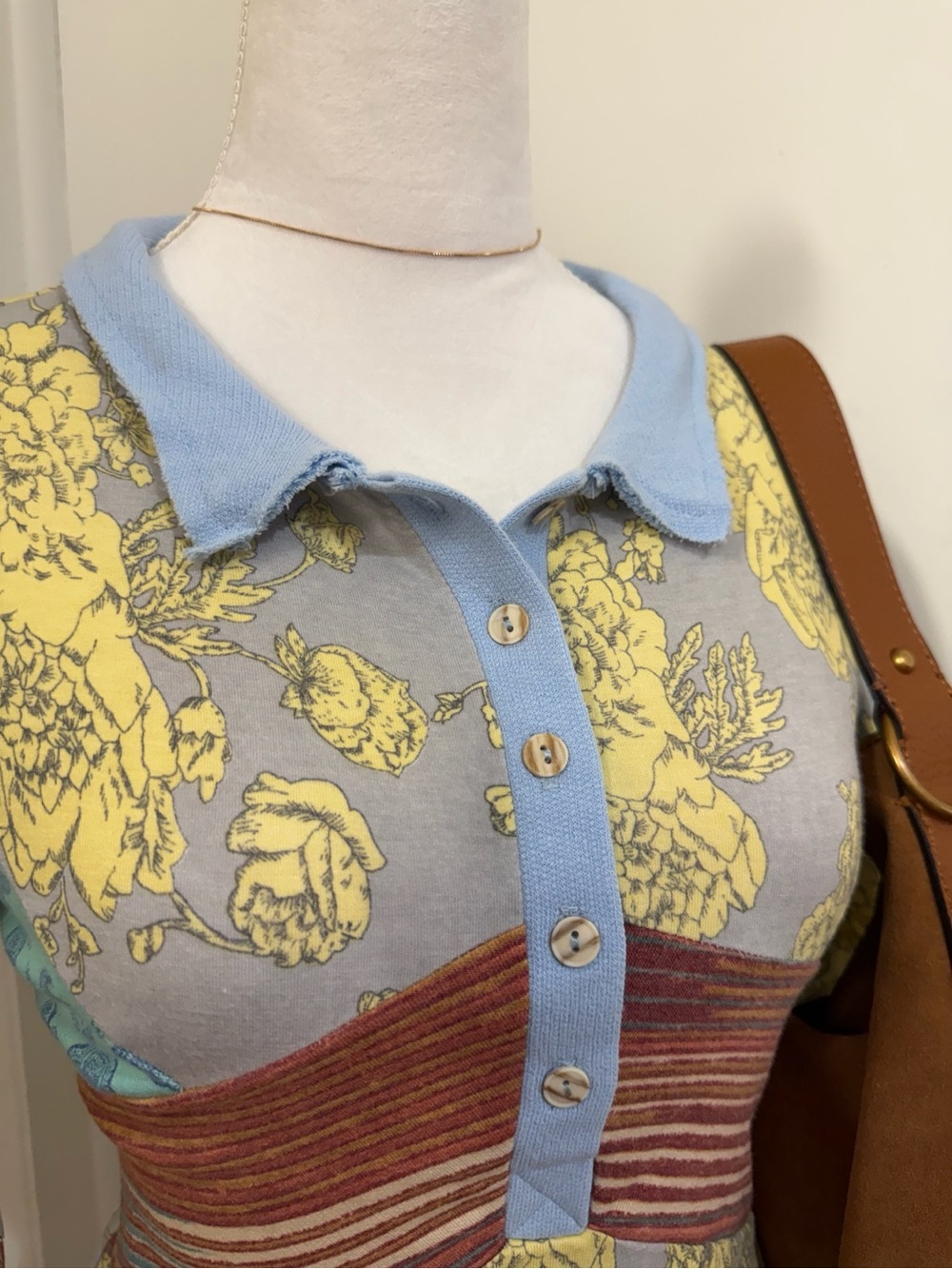 Bucketlist Floral Patchwork Henley Top Blue Yellow Boho Made in USA Size Small - Picture 4 of 9
